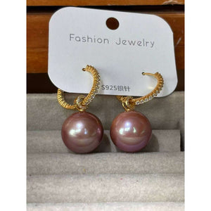 17mm Flawless Round Natural Freshwater Purple Pearl Earrings