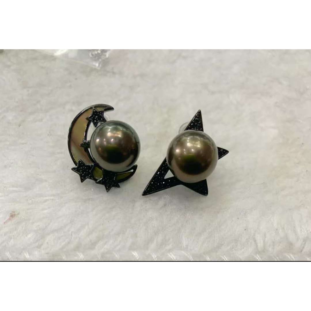 Star Moon Tahitian Chocolate Brown Sterling Silver Stud Earrings