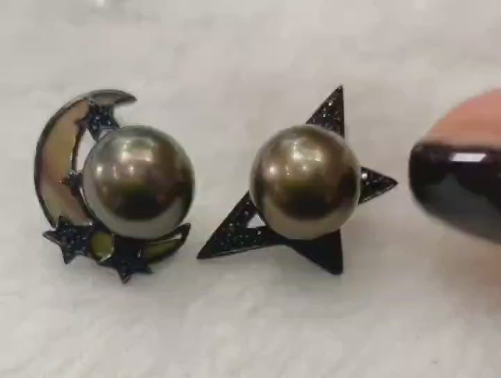 Star Moon Tahitian Chocolate Brown Sterling Silver Stud Earrings