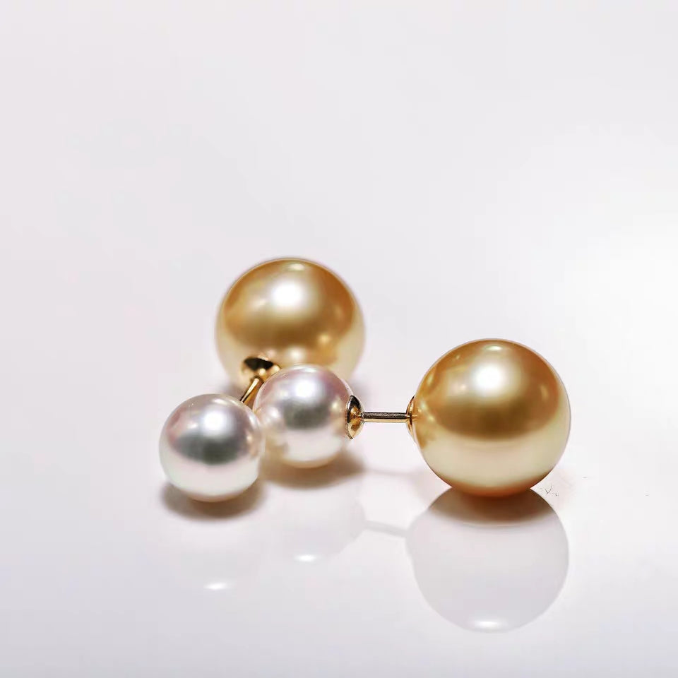 White & Golden Double Pearl Earrings