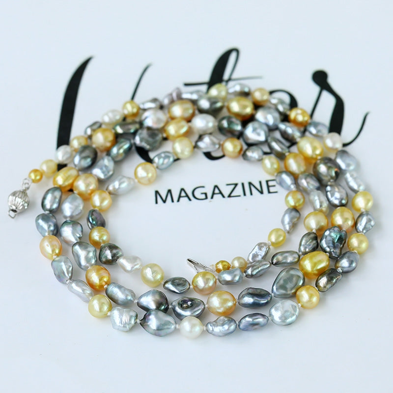 Golden & Grey Keshi Long Pearl Necklace