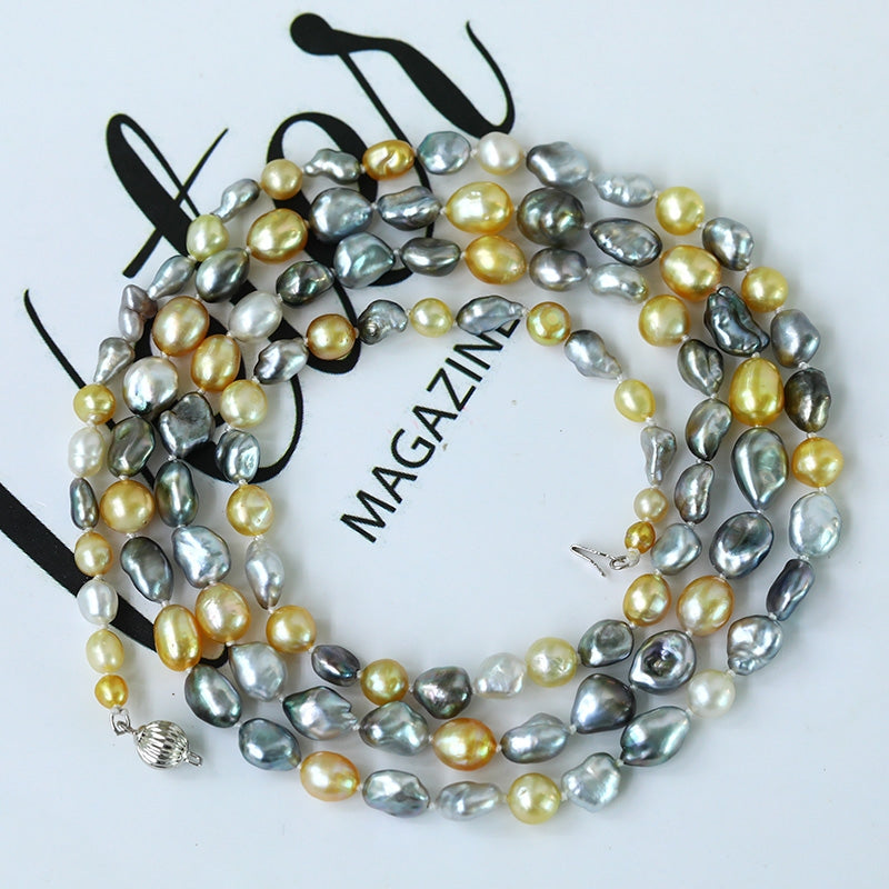 Golden & Grey Keshi Long Pearl Necklace