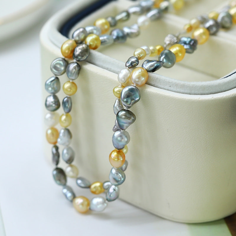 Golden & Grey Keshi Long Pearl Necklace