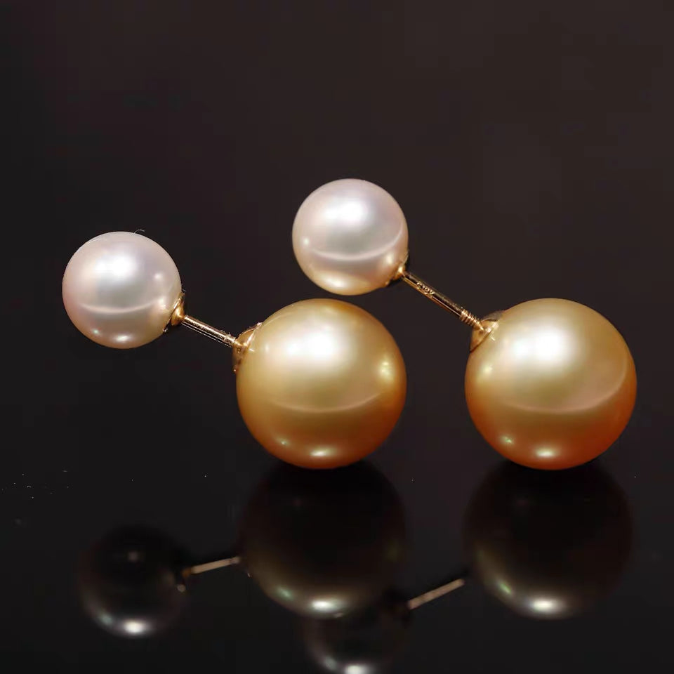 White & Golden Double Pearl Earrings