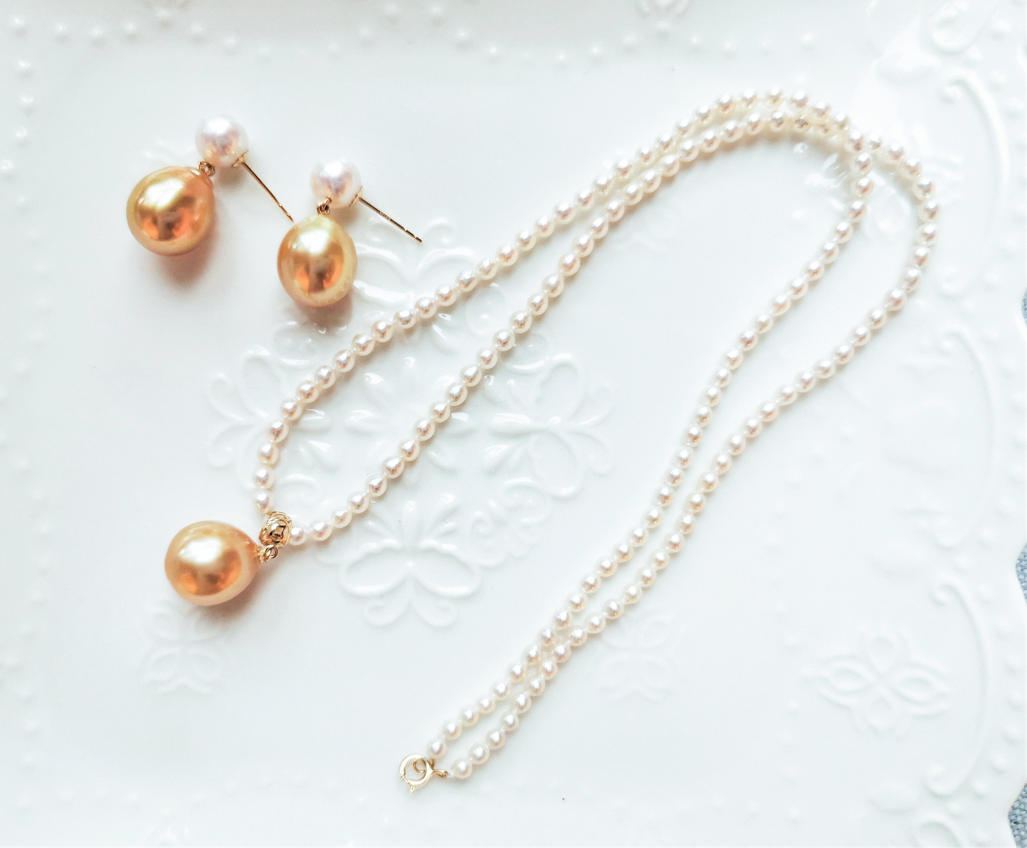 Akoya & Golden Tear-drops Pearl Earrings