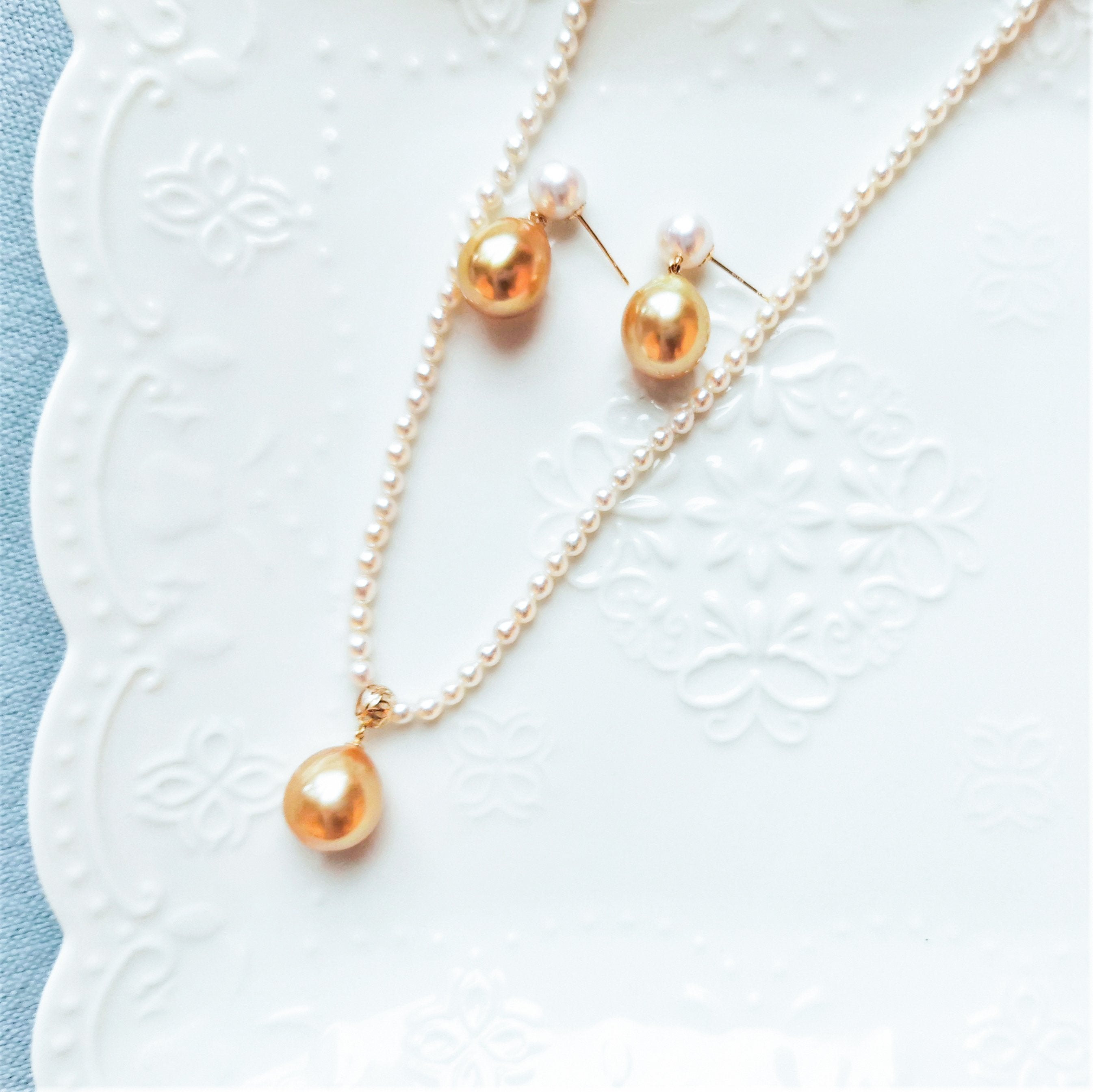 Akoya & Golden Tear-drops Pearl Earrings