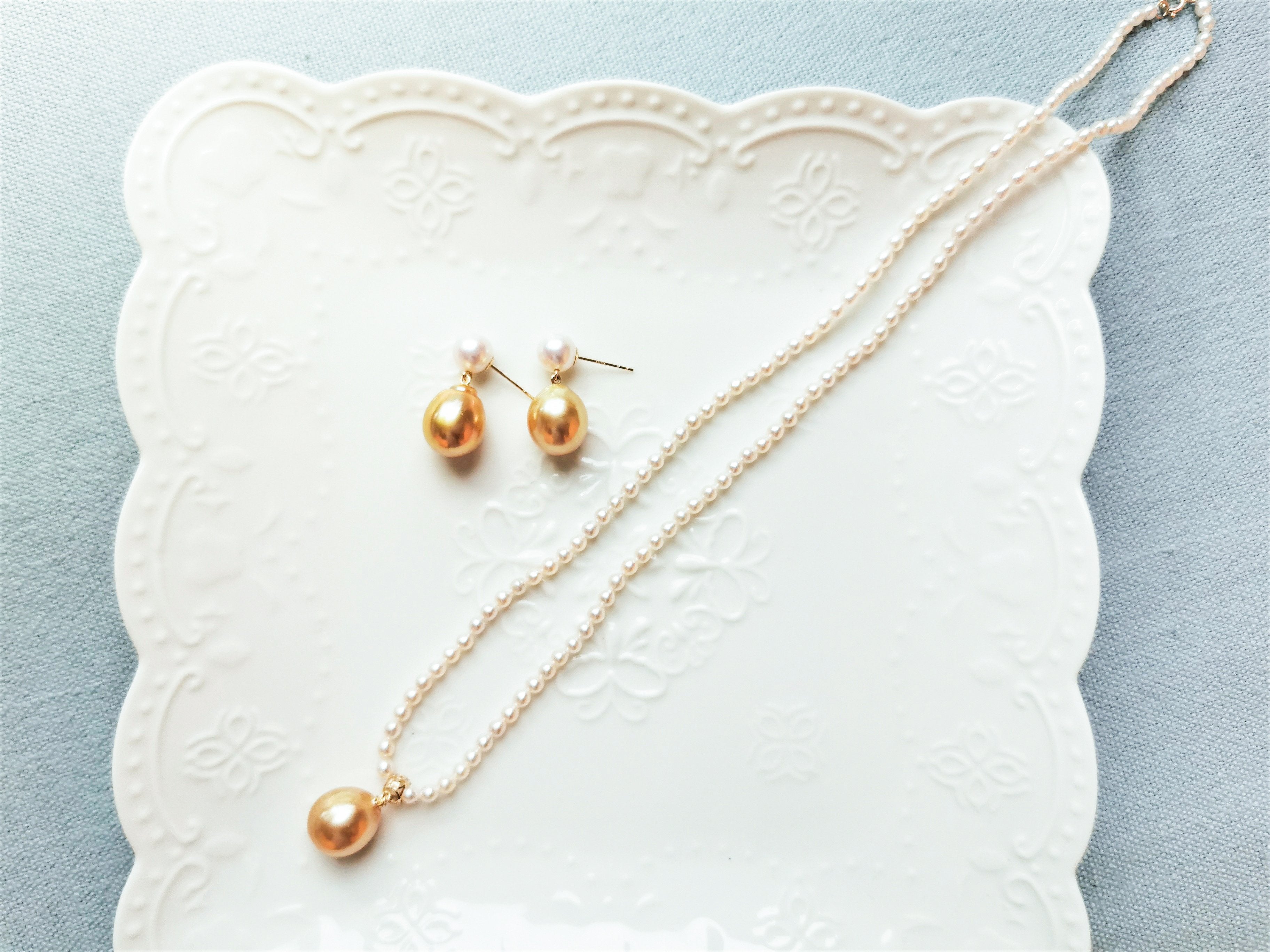 Akoya & Golden Tear-drops Pearl Earrings