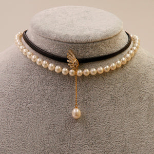 Leather Pearl Pendant Choker