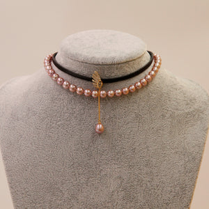 Tour de cou en cuir avec pendentif perle
