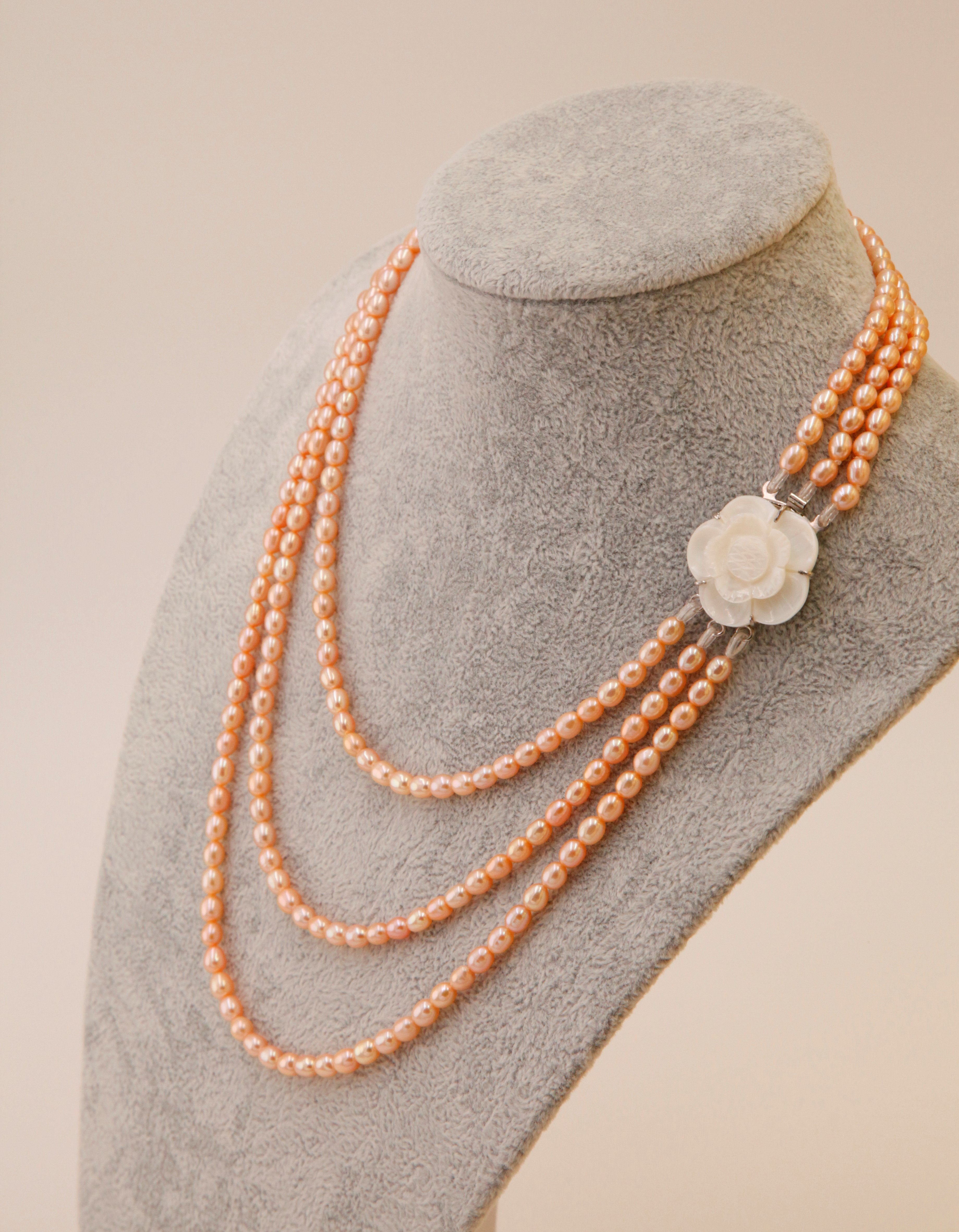 Triple Strand Cultured Pearl with Mother-of-Pearl Rose Necklace