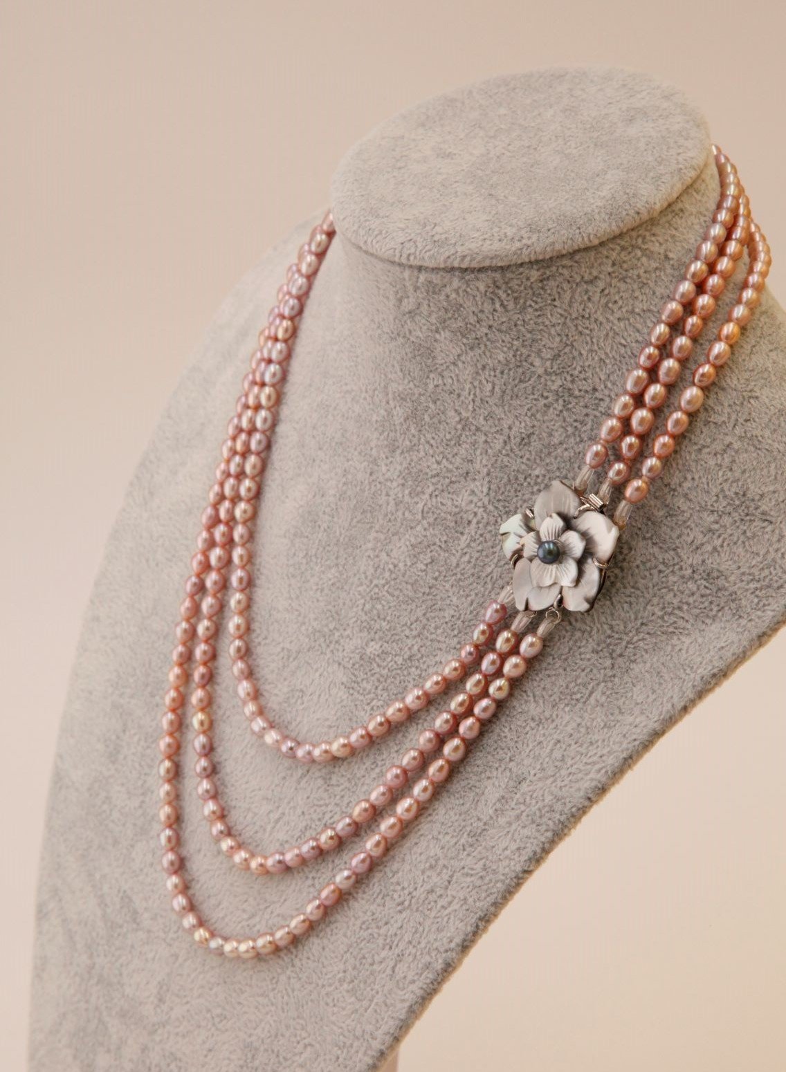 Triple Strand Cultured Pearl with Mother-of-Pearl Rose Necklace