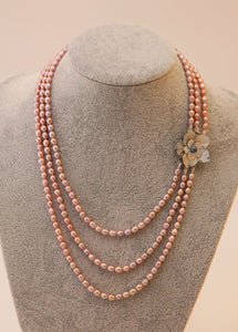 Triple Strand Cultured Pearl with Mother-of-Pearl Rose Necklace