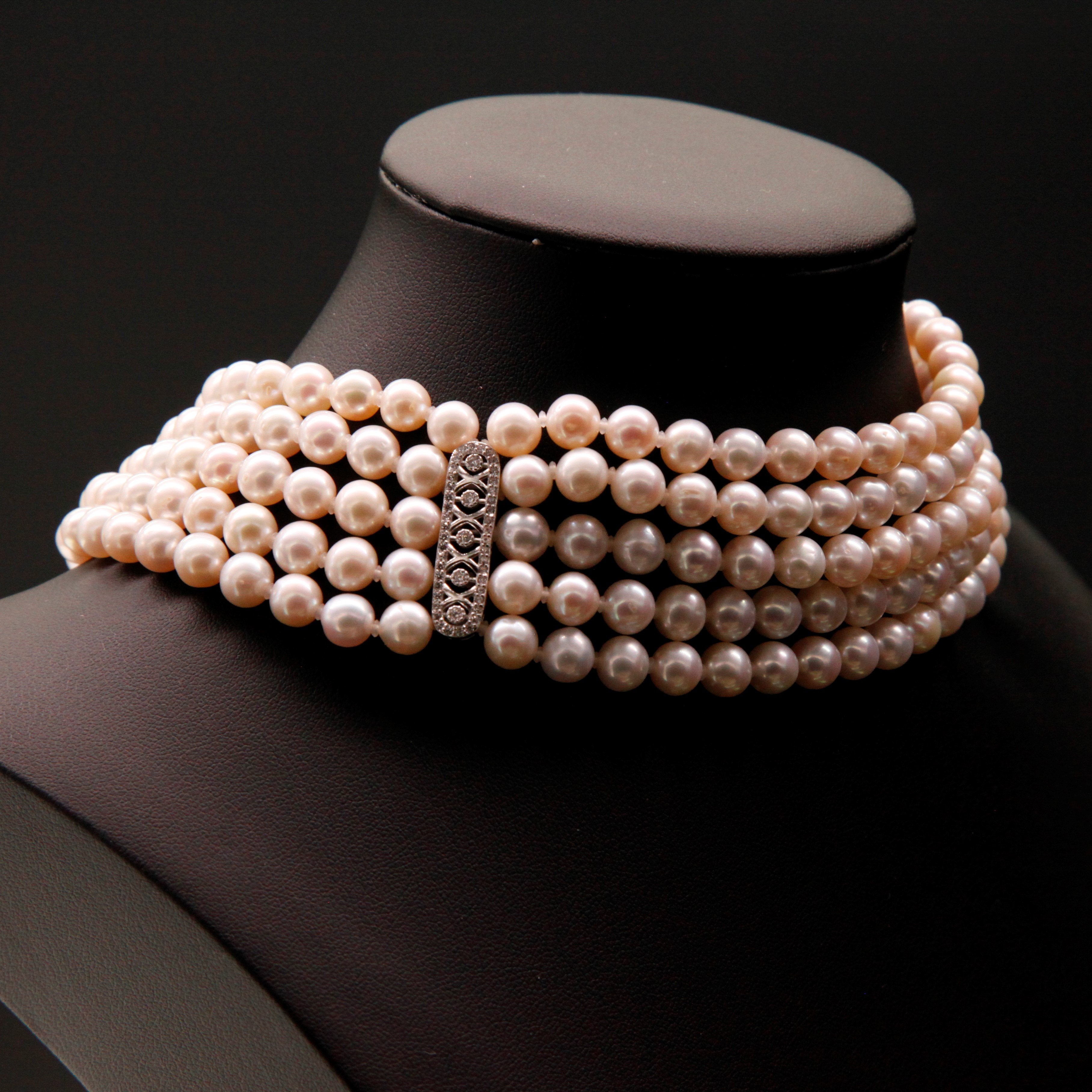 4 Strand AAA Japanese Cultured Pearl Choker with 18 Karat Gold and Diamonds  For Sale at 1stDibs | 4 strand pearl choker necklace, 4 row japanese pearl  choker, choker aaa