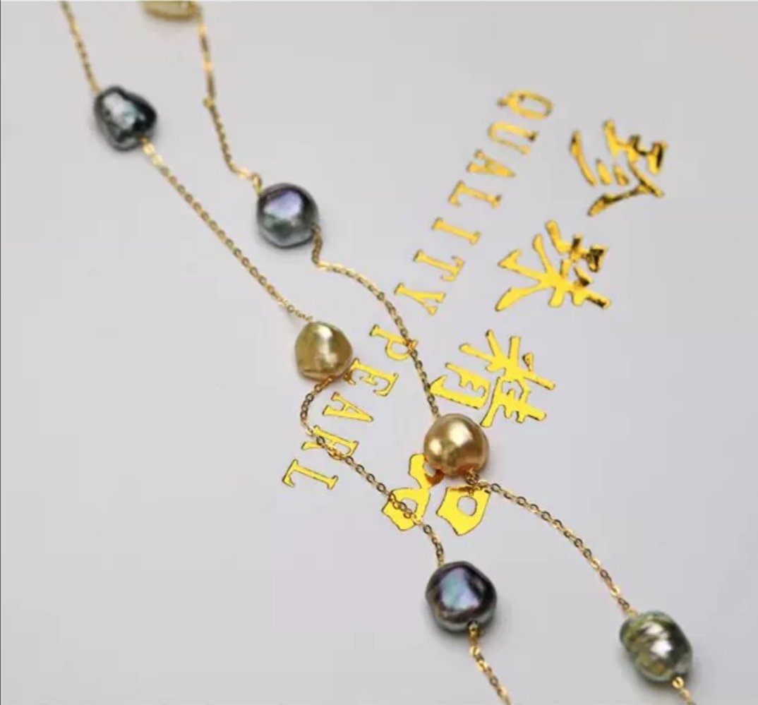 Golden & Black Keshi Pearl Chain Necklace