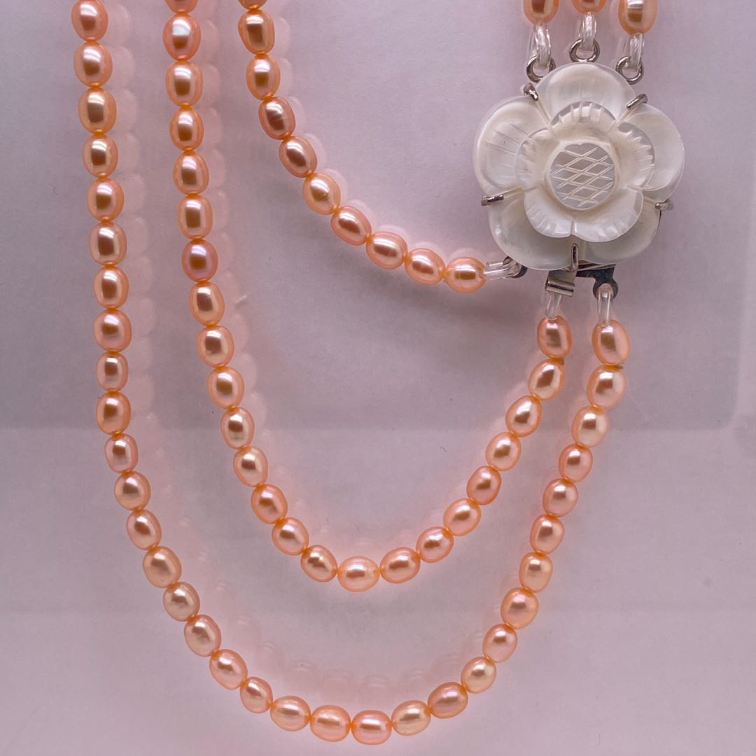 Triple Strand Cultured Pearl with Mother-of-Pearl Rose Necklace