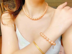 Collar clásico de perlas y pulsera Set- Naranja Dorada