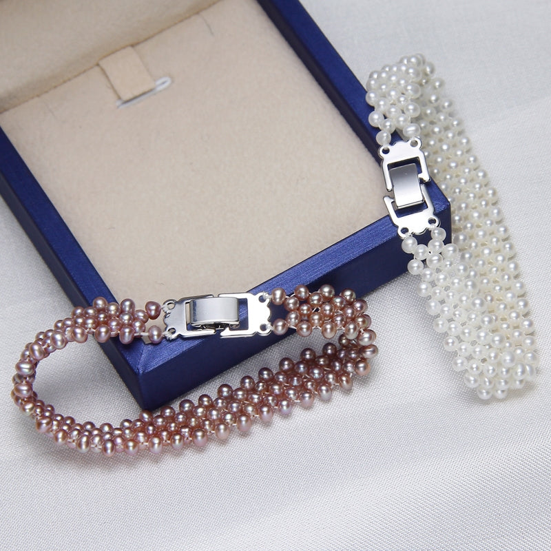 S115 Braided Hand Strap Cultured Freshwater Baroque Pearl (3.5-4mm) . Ensemble de bracelets Stretch