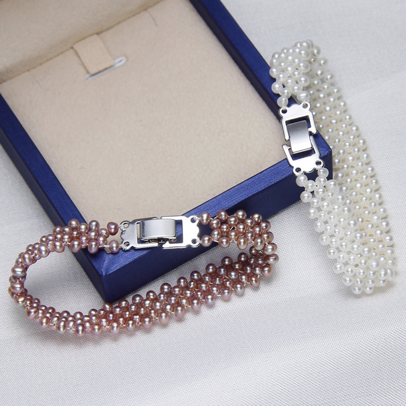 S115 Alça de mão trançada Pérola barroca de água doce cultivada (3,5-4mm). Conjunto de pulseira elástica