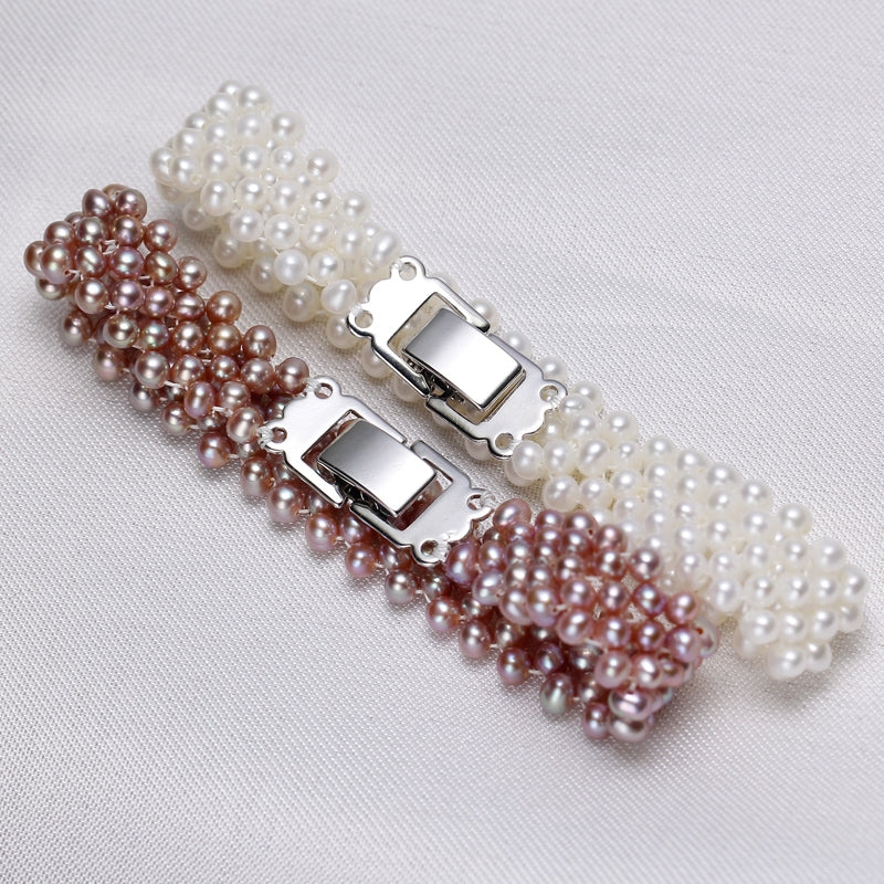 S115 Alça de mão trançada Pérola barroca de água doce cultivada (3,5-4mm). Conjunto de pulseira elástica