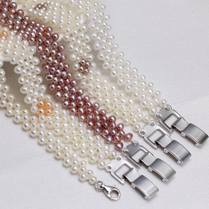 S115 Alça de mão trançada Pérola barroca de água doce cultivada (3,5-4mm). Conjunto de pulseira elástica